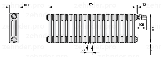 Схема (чертеж) Радиатор Zehnder Charleston 3030/19 №V008 Белый глянцевый RAL 9016